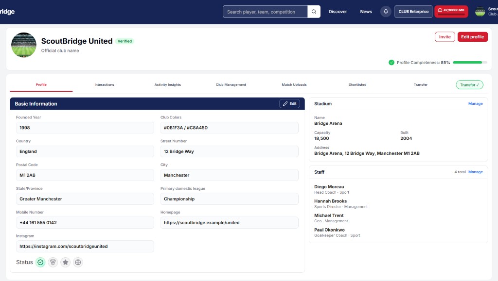Club profile portal screenshot