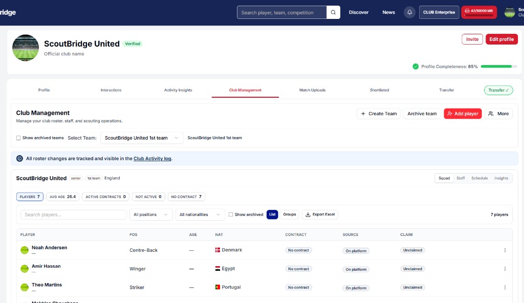 Club management and roster portal screenshot