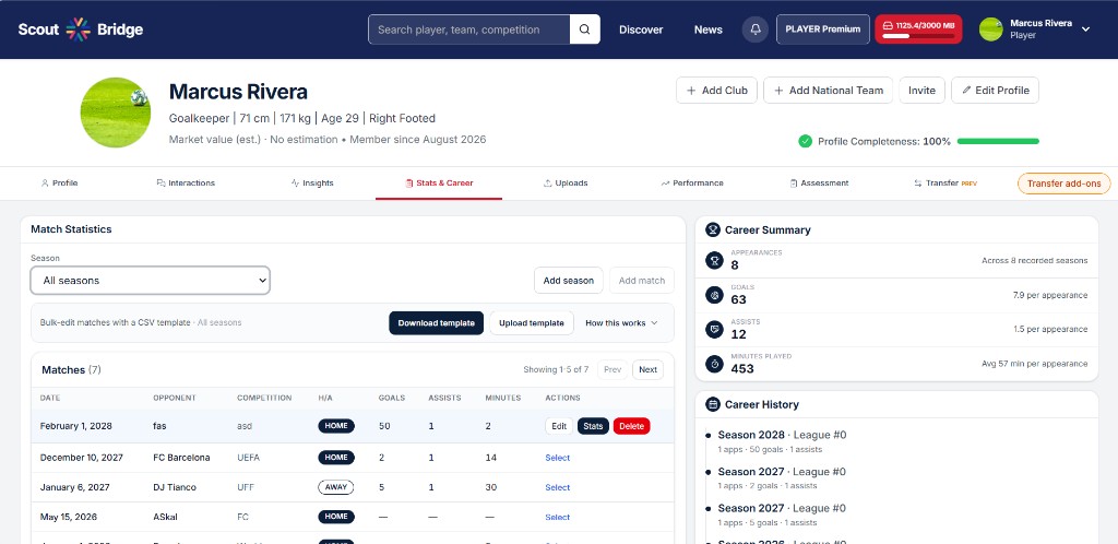 Stats and career portal screenshot